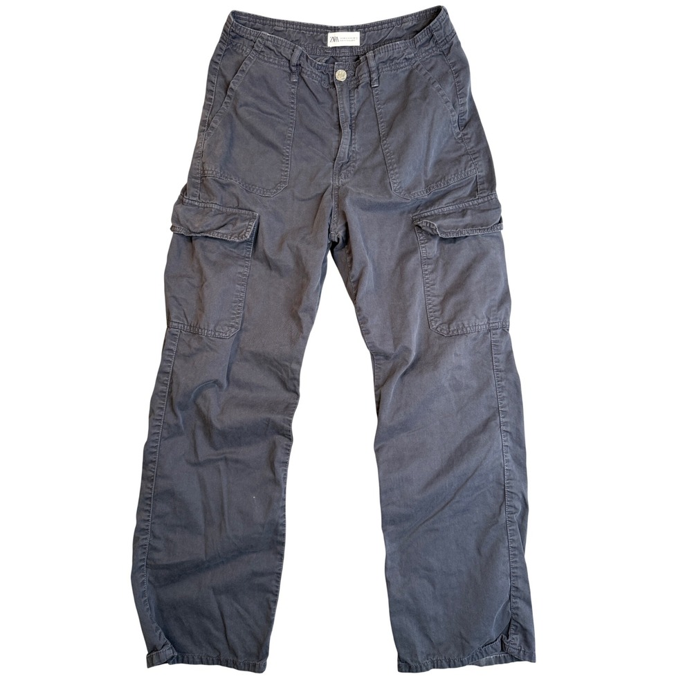 Zara Cargo Pants Womens 8 Dark Gray Utility Straight Leg Baggy Cotton Gorpcore